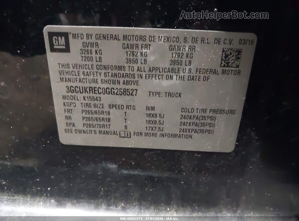 3GCUKREC0GG258527 2016 CHEVROLET SILVERADO Black Вид підкапотного простору