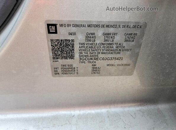 3GCUKREC0JG375421 2018 CHEVROLET SILVERADO Gray Widok komory silnika