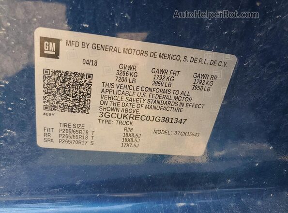 3GCUKREC0JG381347 2018 CHEVROLET SILVERADO Blue Vista del compartimento del motor