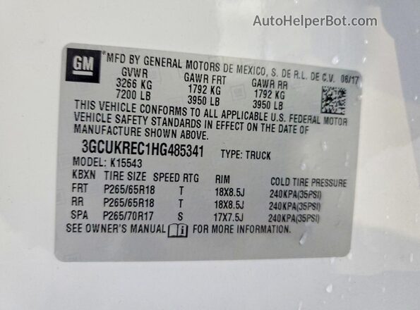 3GCUKREC1HG485341 2017 CHEVROLET SILVERADO Белый Вид наклейки с VIN-кодом