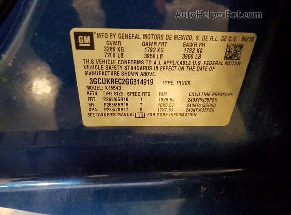 3GCUKREC2GG314919 2016 CHEVROLET SILVERADO Синий Вид наклейки с VIN-кодом