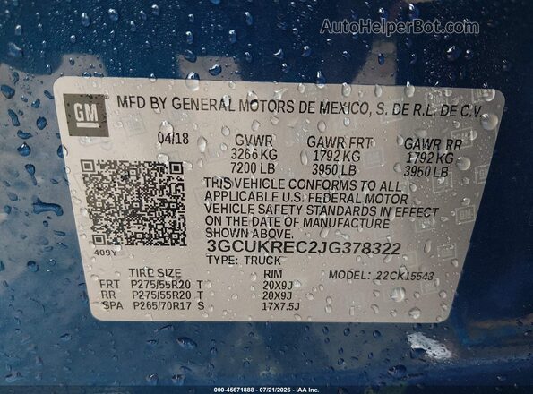 3GCUKREC2JG378322 2018 CHEVROLET SILVERADO Blue Vista del compartimento del motor