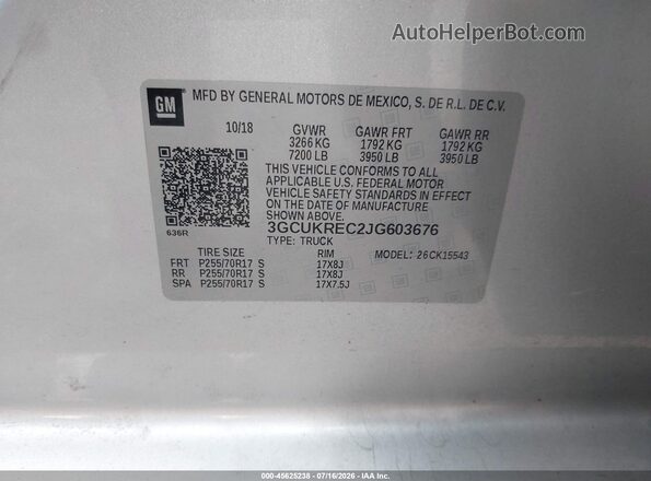 3GCUKREC2JG603676 2018 CHEVROLET SILVERADO Silver Вид підкапотного простору