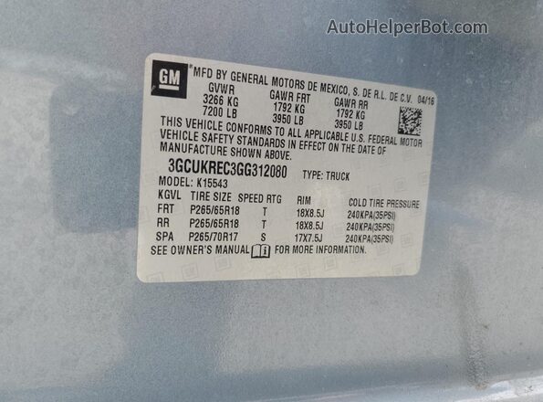 3GCUKREC3GG312080 2016 CHEVROLET SILVERADO Blue VIN კოდის სტიკერის ხედი