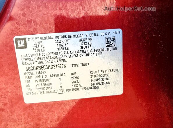3GCUKREC5HG219773 2017 CHEVROLET SILVERADO Red Vista de la etiqueta del VIN