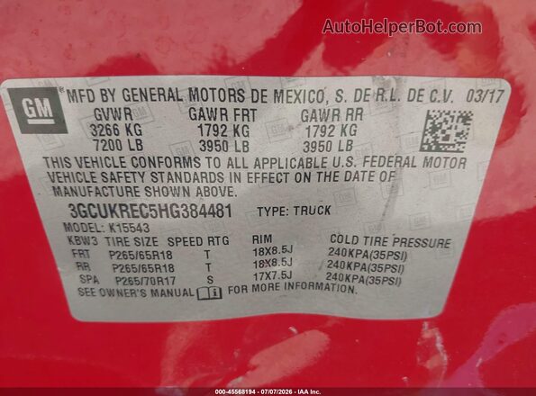 3GCUKREC5HG384481 2017 CHEVROLET SILVERADO Red ძრავის განყოფილების ხედი