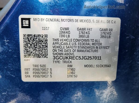 3GCUKREC5JG257011 2018 CHEVROLET SILVERADO Blue Widok naklejki z numerem VIN