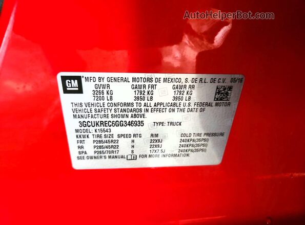 3GCUKREC6GG346935 2016 CHEVROLET SILVERADO Red VIN კოდის სტიკერის ხედი