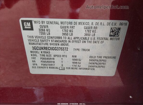 3GCUKREC6GG376372 2016 CHEVROLET SILVERADO Темно-бордовый Вид подкапотного пространства