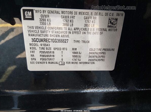 3GCUKREC7GG366627 2016 CHEVROLET SILVERADO Black ძრავის განყოფილების ხედი