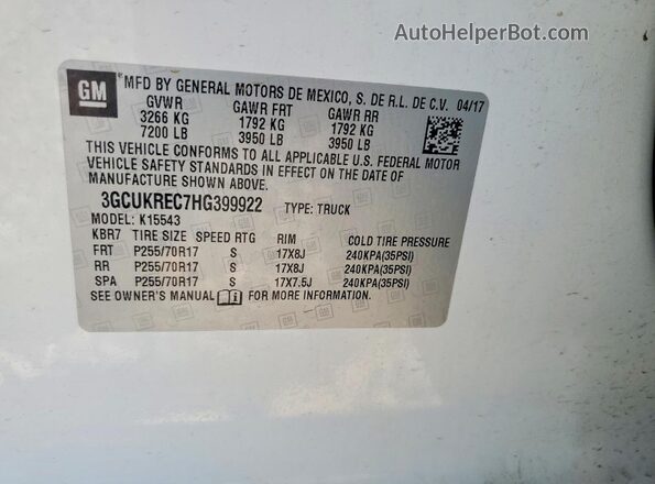 3GCUKREC7HG399922 2017 CHEVROLET SILVERADO White Engine compartment view