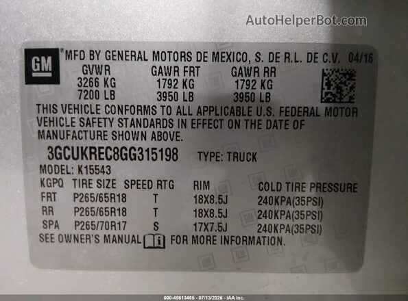 3GCUKREC8GG315198 2016 CHEVROLET SILVERADO Silver Widok komory silnika