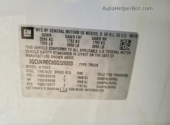 3GCUKREC8GG326203 2016 CHEVROLET SILVERADO Белый Вид подкапотного пространства