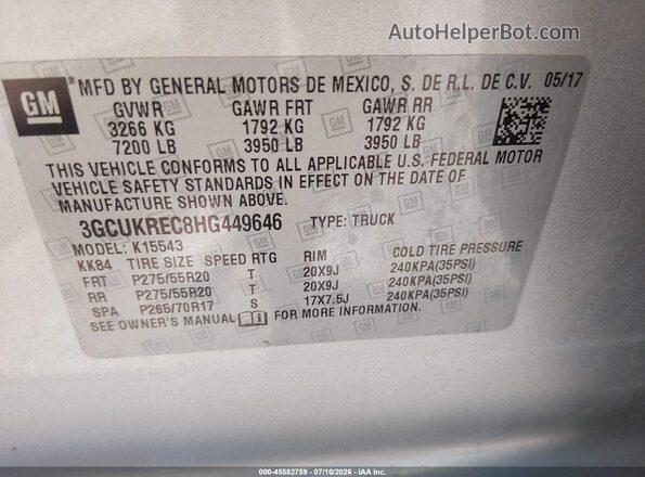 3GCUKREC8HG449646 2017 CHEVROLET SILVERADO Silver Շարժիչի բաժամունքի տեսք