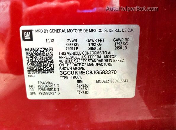 3GCUKREC8JG583370 2018 CHEVROLET SILVERADO Maroon Vista de la etiqueta del VIN