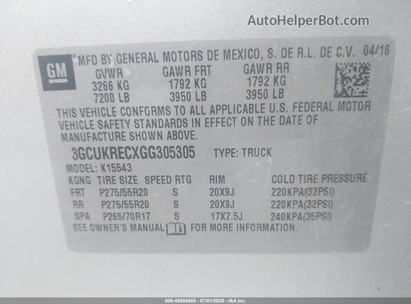3GCUKRECXGG305305 2016 CHEVROLET SILVERADO Silver Vista del compartimento del motor