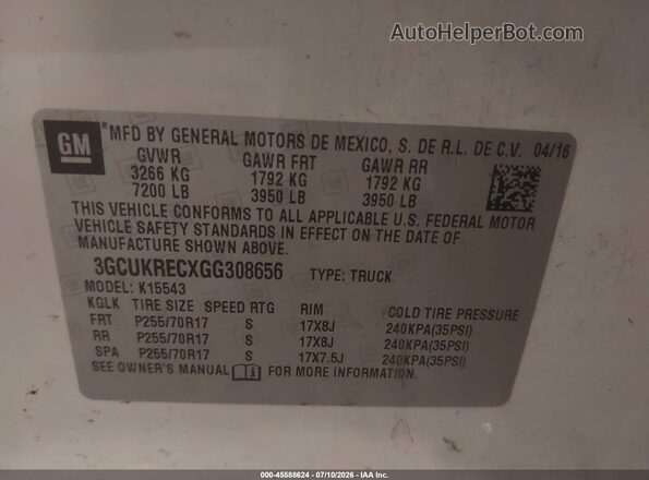 3GCUKRECXGG308656 2016 CHEVROLET SILVERADO White ძრავის განყოფილების ხედი