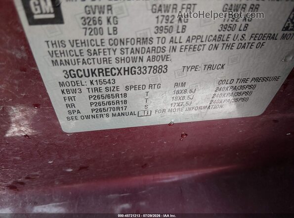 3GCUKRECXHG337883 2017 CHEVROLET SILVERADO Red Вид підкапотного простору