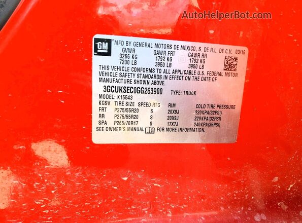 3GCUKSEC0GG263900 2016 CHEVROLET SILVERADO Red Vista de la etiqueta del VIN