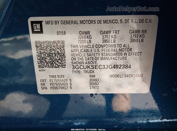 3GCUKSEC3JG492384 2018 CHEVROLET SILVERADO Blue Widok komory silnika