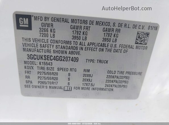 3GCUKSEC4GG207409 2016 CHEVROLET SILVERADO White Widok komory silnika