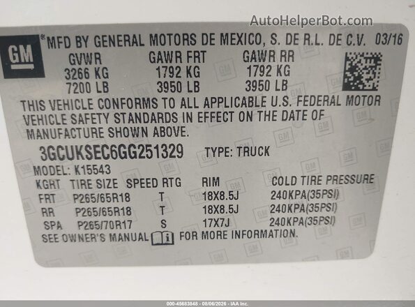 3GCUKSEC6GG251329 2016 CHEVROLET SILVERADO White Вид підкапотного простору
