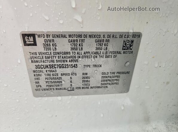 3GCUKSEC7GG231543 2016 CHEVROLET SILVERADO White Вид наклейки з VIN-кодом