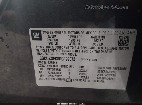 3GCUKSEC8GG199072 2016 CHEVROLET SILVERADO Gray ძრავის განყოფილების ხედი