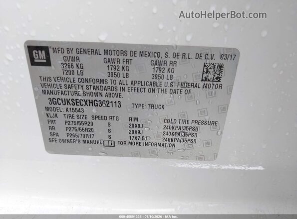 3GCUKSECXHG362113 2017 CHEVROLET SILVERADO Белый Вид подкапотного пространства