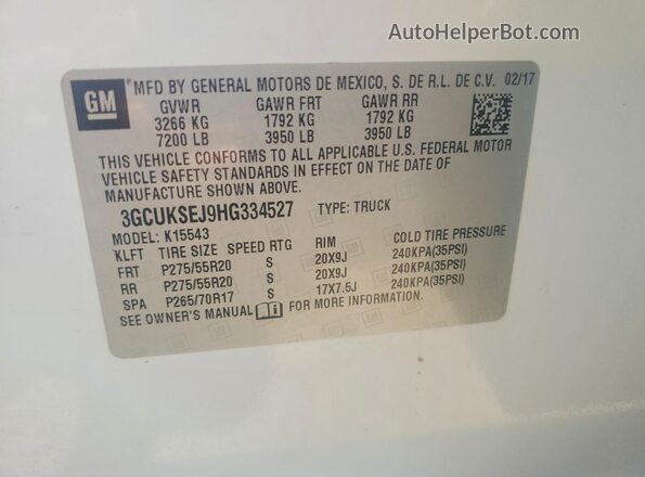 3GCUKSEJ9HG334527 2017 CHEVROLET SILVERADO White Widok naklejki z numerem VIN