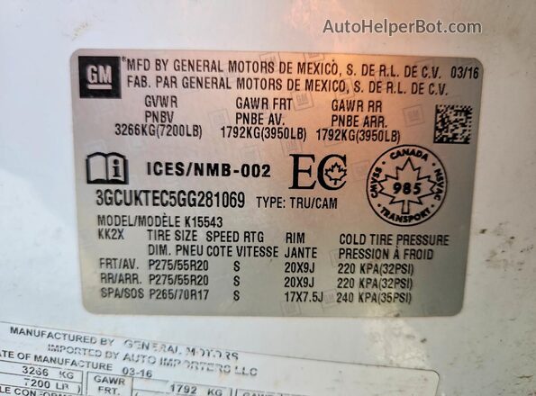 3GCUKTEC5GG281069 2016 CHEVROLET SILVERADO White VIN կոդի պիտակի տեսք