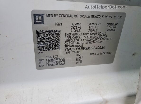 3GCUYAEF3MG240920 2021 CHEVROLET SILVERADO White Widok komory silnika