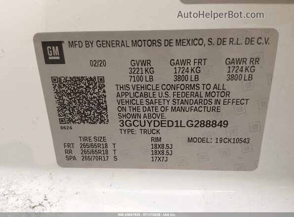 3GCUYDED1LG288849 2020 CHEVROLET SILVERADO White ძრავის განყოფილების ხედი