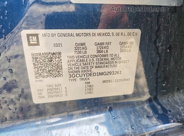 3GCUYDED1MG293261 2021 CHEVROLET SILVERADO Blue Շարժիչի բաժամունքի տեսք