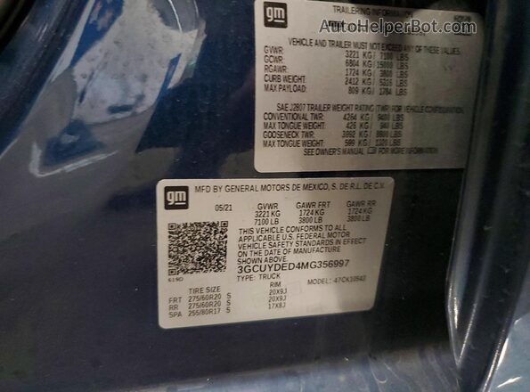 3GCUYDED4MG356997 2021 CHEVROLET SILVERADO Синий Вид подкапотного пространства