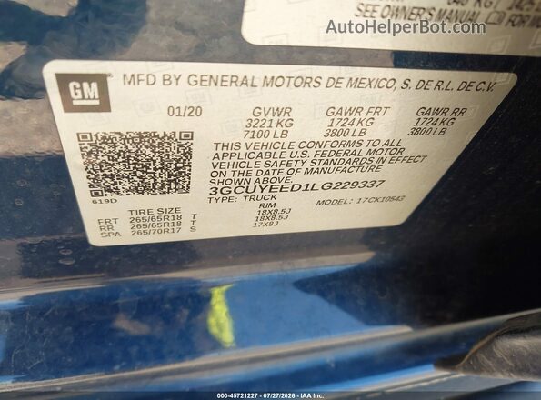 3GCUYEED1LG229337 2020 CHEVROLET SILVERADO Blue Vista del compartimento del motor