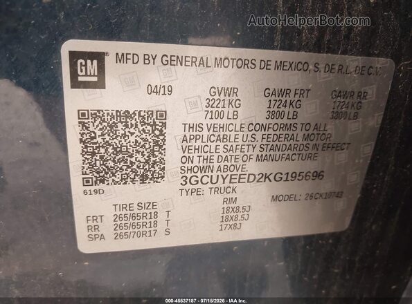 3GCUYEED2KG195696 2019 CHEVROLET SILVERADO Blue Vista del compartimento del motor