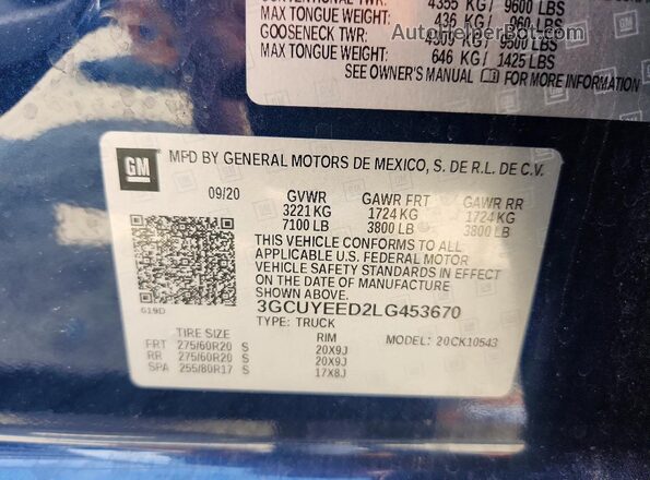 3GCUYEED2LG453670 2020 CHEVROLET SILVERADO Blue VIN sticker view