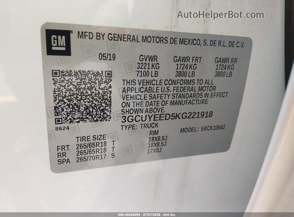 3GCUYEED5KG221918 2019 CHEVROLET SILVERADO Белый Вид подкапотного пространства
