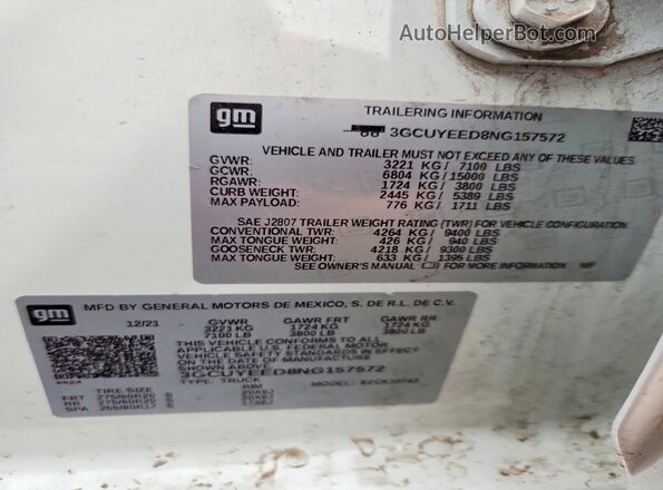 3GCUYEED8NG157572 2022 CHEVROLET SILVERADO White VIN კოდის სტიკერის ხედი