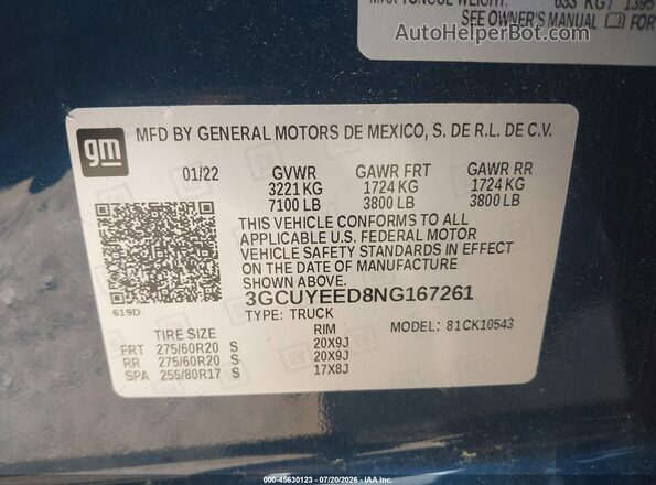 3GCUYEED8NG167261 2022 CHEVROLET SILVERADO Blue Vista del compartimento del motor