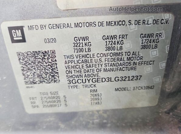 3GCUYGED3LG321237 2020 CHEVROLET SILVERADO Серый Вид подкапотного пространства