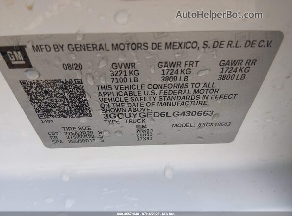 3GCUYGED6LG430663 2020 CHEVROLET SILVERADO White Շարժիչի բաժամունքի տեսք