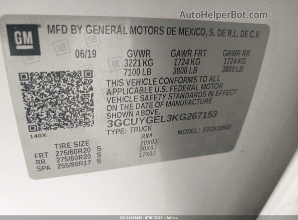 3GCUYGEL3KG267153 2019 CHEVROLET SILVERADO White Вид підкапотного простору