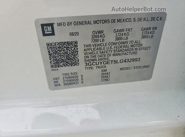 3GCUYGET5LG432993 2020 CHEVROLET SILVERADO Белый Вид наклейки с VIN-кодом