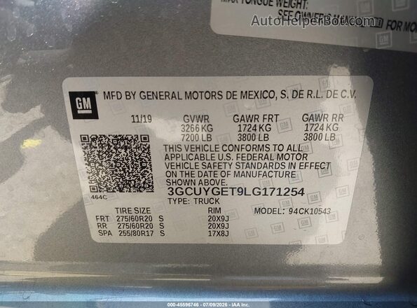 3GCUYGET9LG171254 2020 CHEVROLET SILVERADO Серый Вид подкапотного пространства