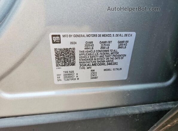 3GKALMEG0RL346191 2024 GMC TERRAIN Silver VIN կոդի պիտակի տեսք