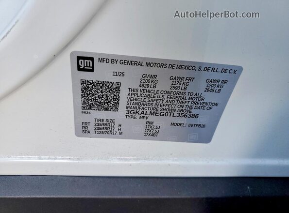 3GKALMEG0TL356386 2026 GMC TERRAIN White Вид наклейки з VIN-кодом