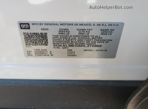 3GKALMEG6RL275899 2024 GMC TERRAIN White Вид наклейки з VIN-кодом