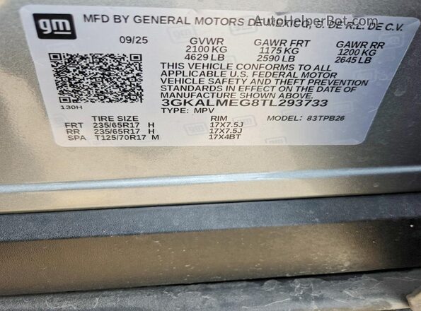 3GKALMEG8TL293733 2026 GMC TERRAIN Gray Widok naklejki z numerem VIN
